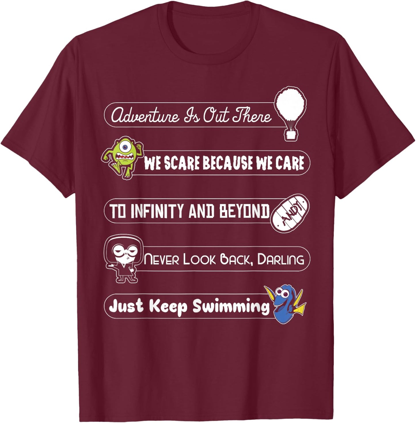Disney Pixar Collection Iconic Character Slogan Text Stack T-Shirt - T-Shirt | Maroon