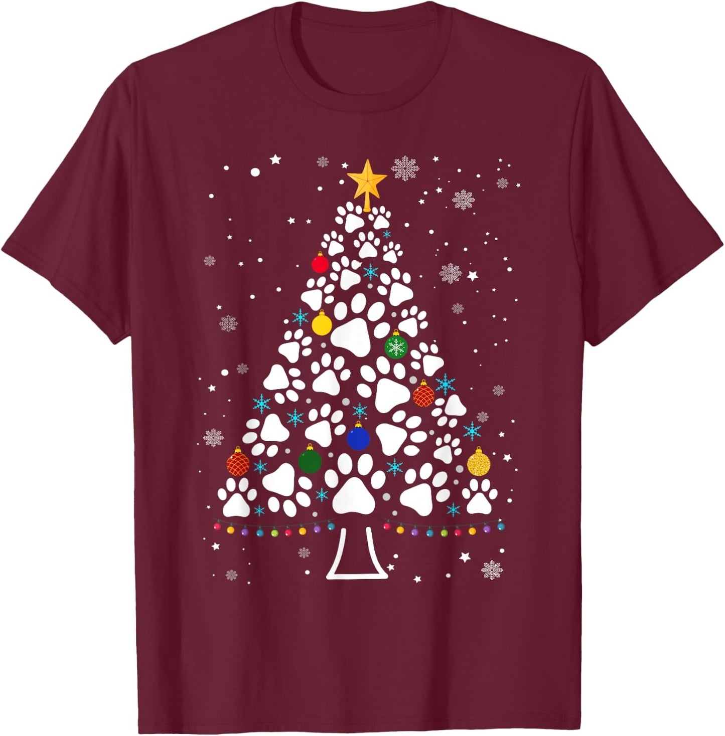 Paw Print Christmas Tree Lights Matching Family Xmas T-Shirt - T-Shirt | Maroon