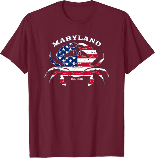 Blue Crab Maryland Novelty Patriotic USA American Flag Pride T-Shirt - T-Shirt | Maroon