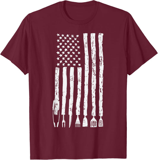 US Flag Grilling Tools Bbq Barbecue Patriotic Men Women Kids T-Shirt - T-Shirt | Maroon