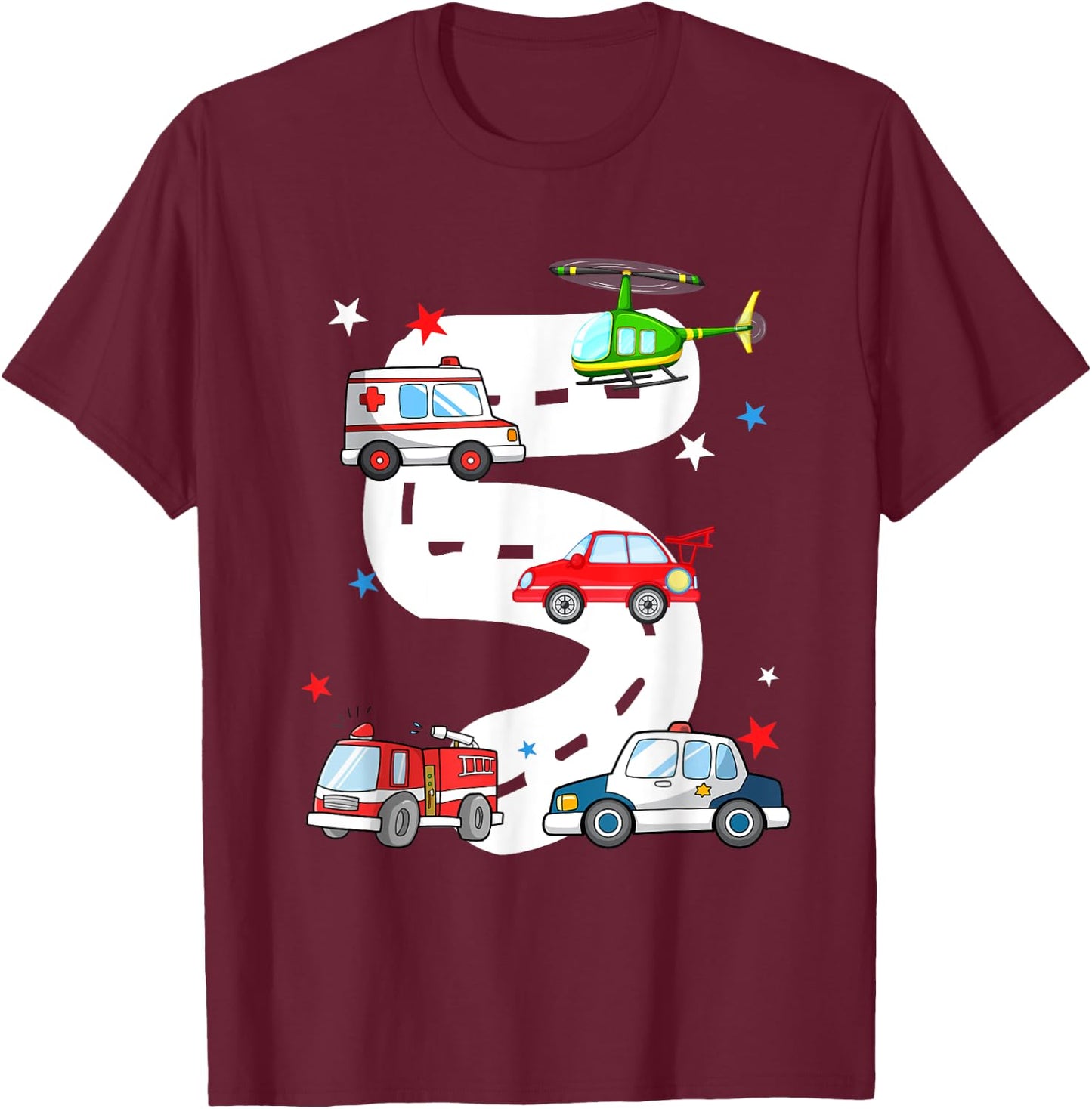 5th Birthday Emergency Vehicles 5 Year Old Birthday Kids T-Shirt - T-Shirt | Maroon