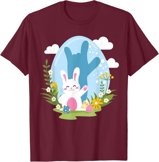 ASL Easter Bunny Reflection I Love You Hand Sign Language T-Shirt - T-Shirt | Maroon