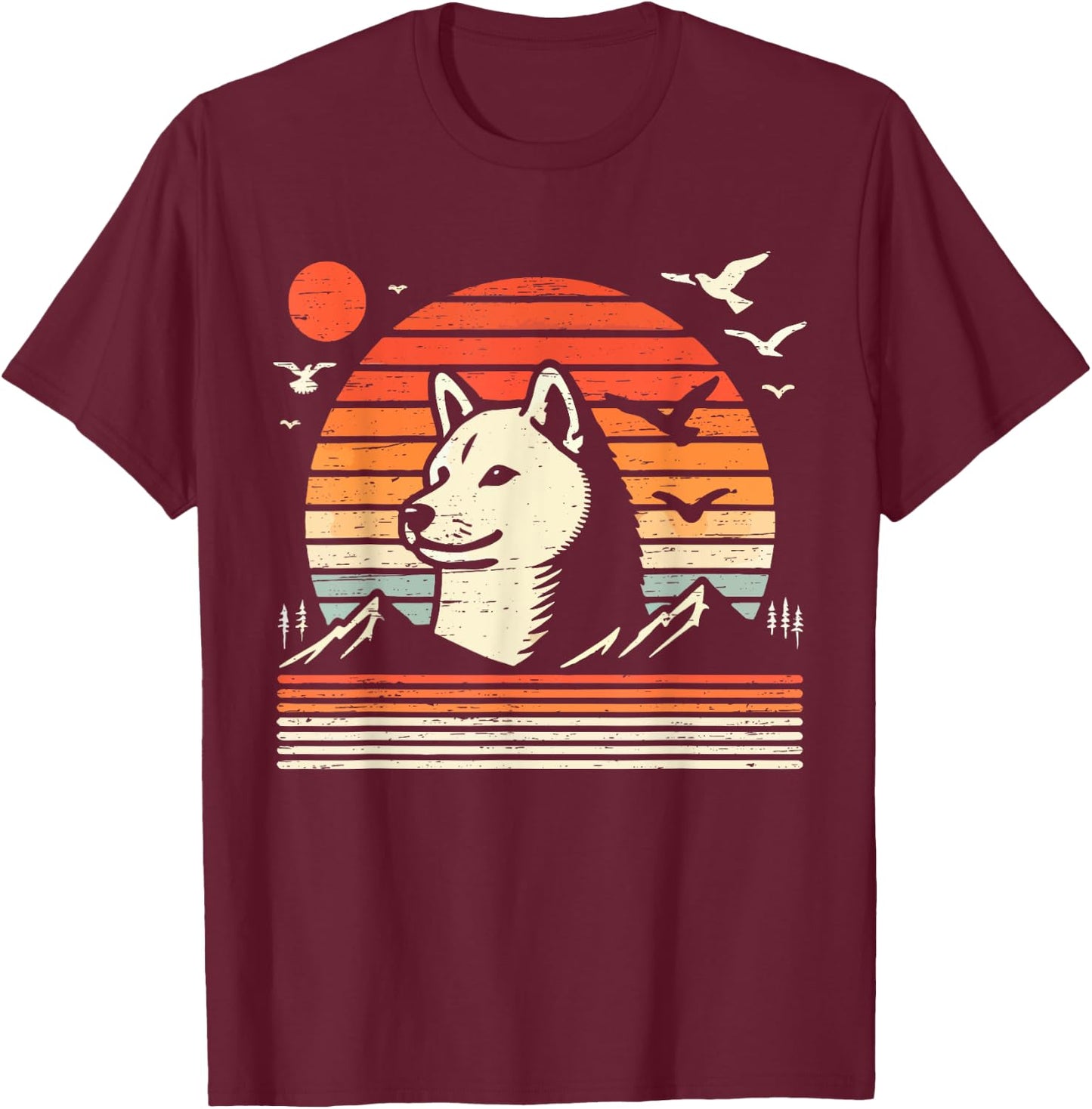 Vintage Shiba Inu Sunset Mountains Birds T-Shirt - T-Shirt | Maroon