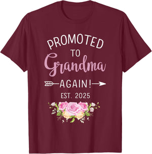 Promoted to grandma again est. 2025 flowers T-Shirt - T-Shirt | Maroon