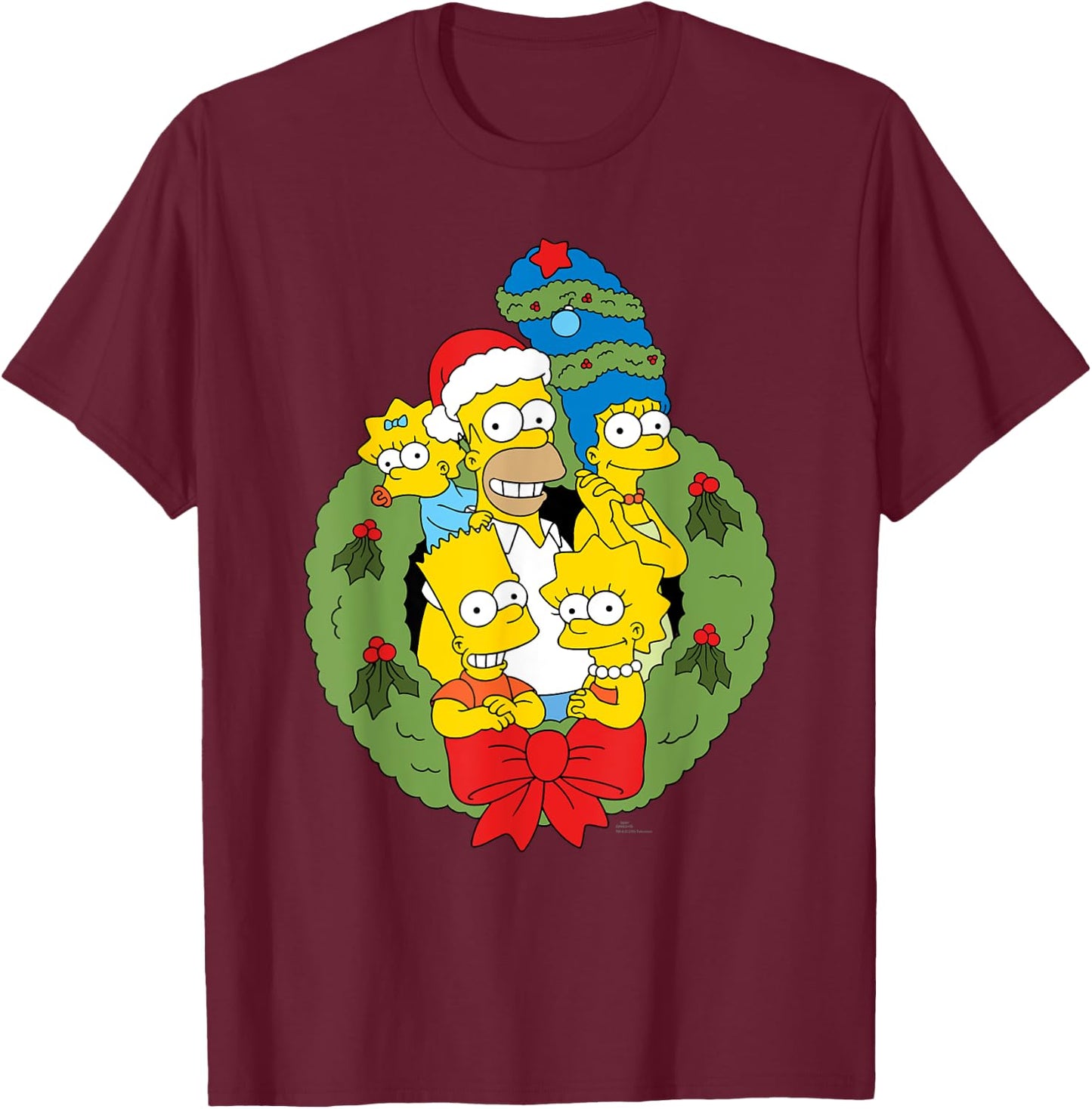 The Simpsons Holiday Family Christmas Wreath , Black, S T-Shirt - T-Shirt | Maroon