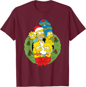 The Simpsons Holiday Family Christmas Wreath , Black, S T-Shirt - T-Shirt | Maroon