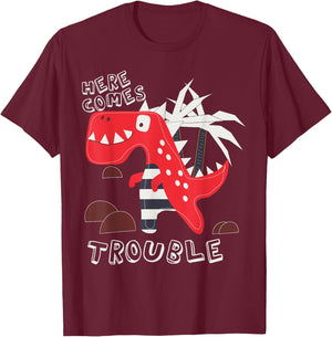 Here Comes Trouble Dino Cute Dinosaur Boy Girl Kids Toddler T-Shirt - T-Shirt | Maroon