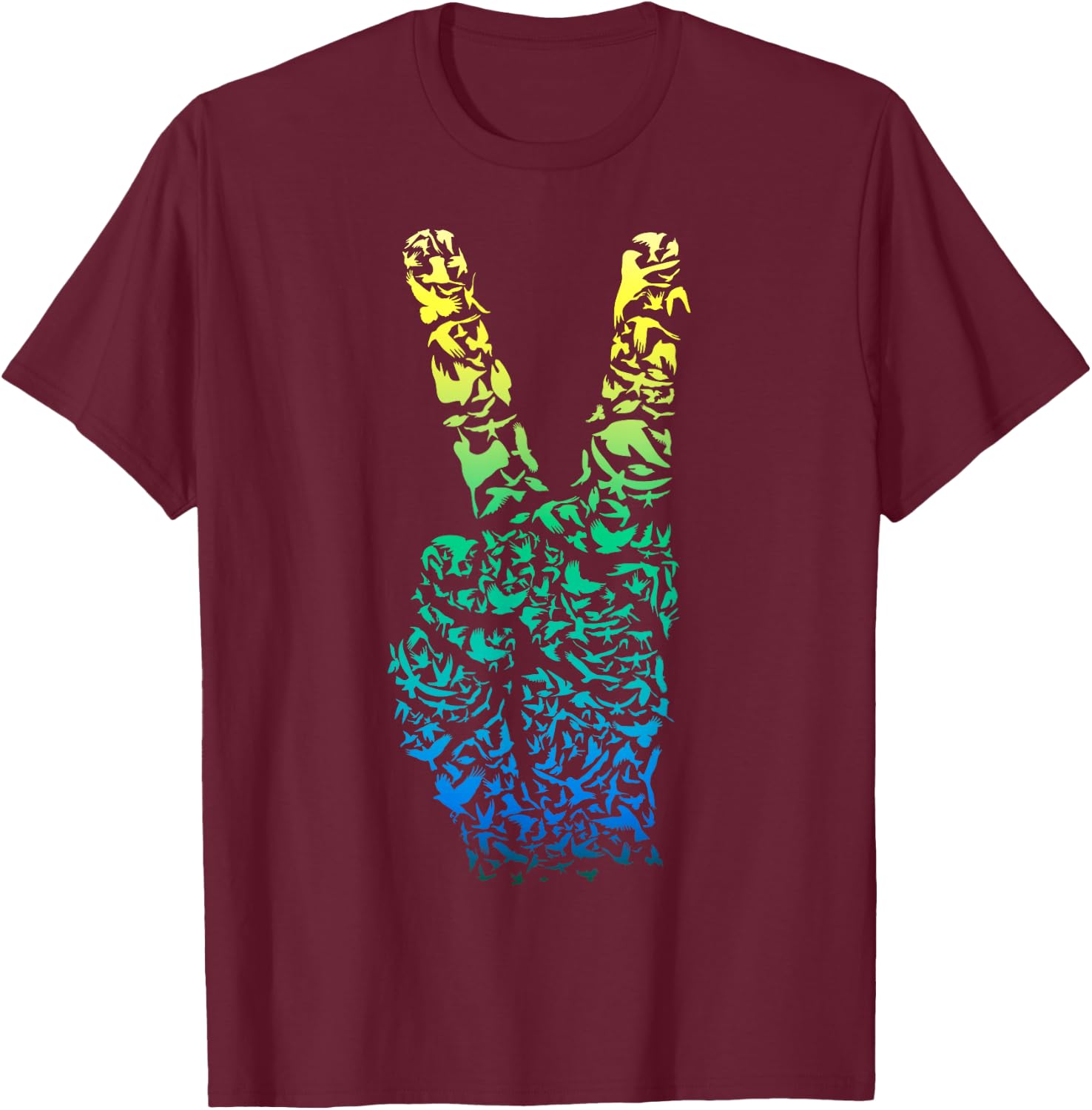 Colorful Birds ASL Finger & Hand Sign Language Peace T-Shirt - T-Shirt | Maroon