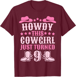 9yr Birthday Cowgirl Western 9 Year Old Girl 9th Birthday T-Shirt - T-Shirt | Maroon