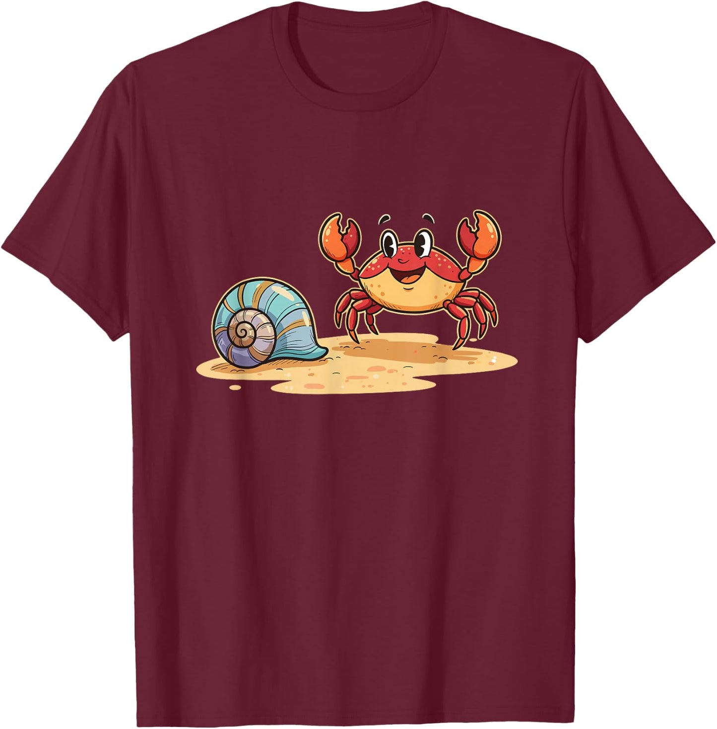 Happy Crab and Seashell Summer Ocean Beach Scene T-Shirt - T-Shirt | Maroon