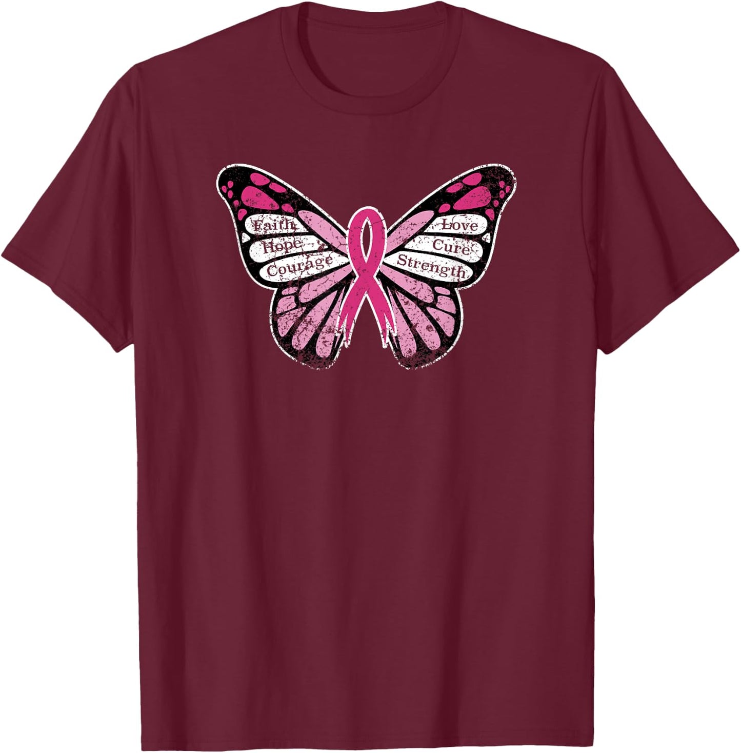 Vintage Breast Cancer Awareness Pink Ribbon Butterfly T-Shirt - T-Shirt | Maroon