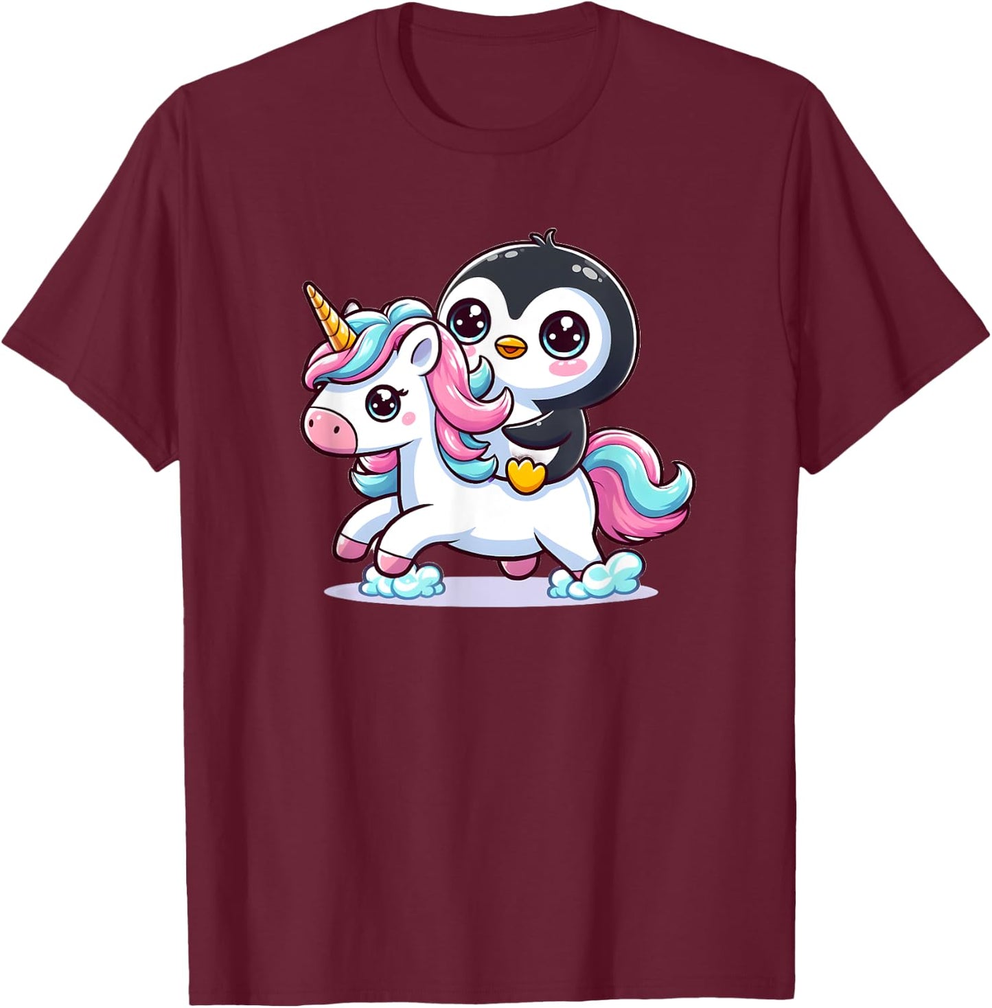 Penguin Riding Unicorn T-Shirt - T-Shirt | Maroon