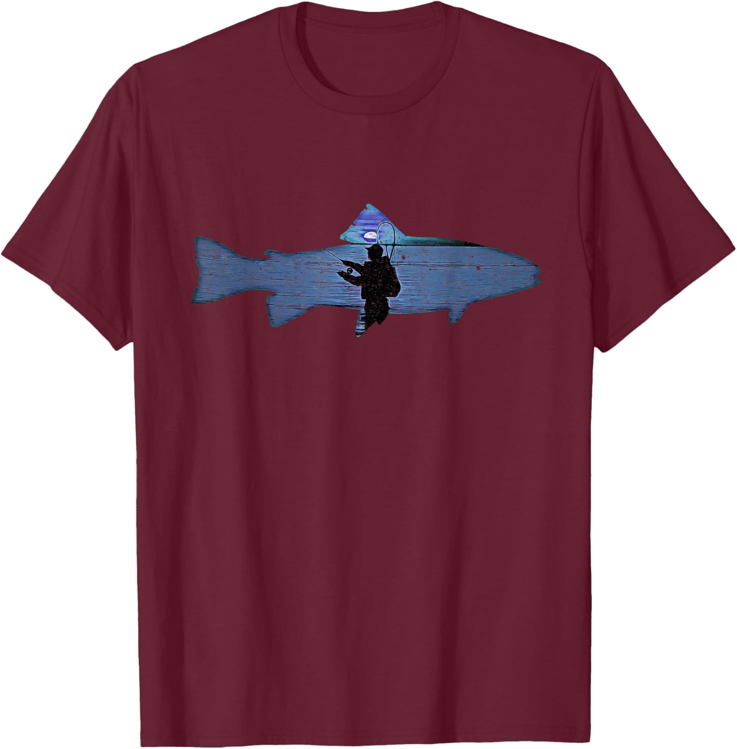 Trout Fly Fishing Nature Outdoor Fisherman In Blue Sunset T-Shirt - T-Shirt | Maroon