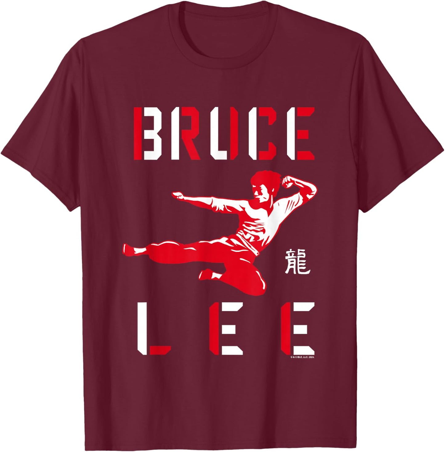 Bruce Lee Flying Kick Shadowed Face Shot , Black, S T-Shirt - T-Shirt | Maroon
