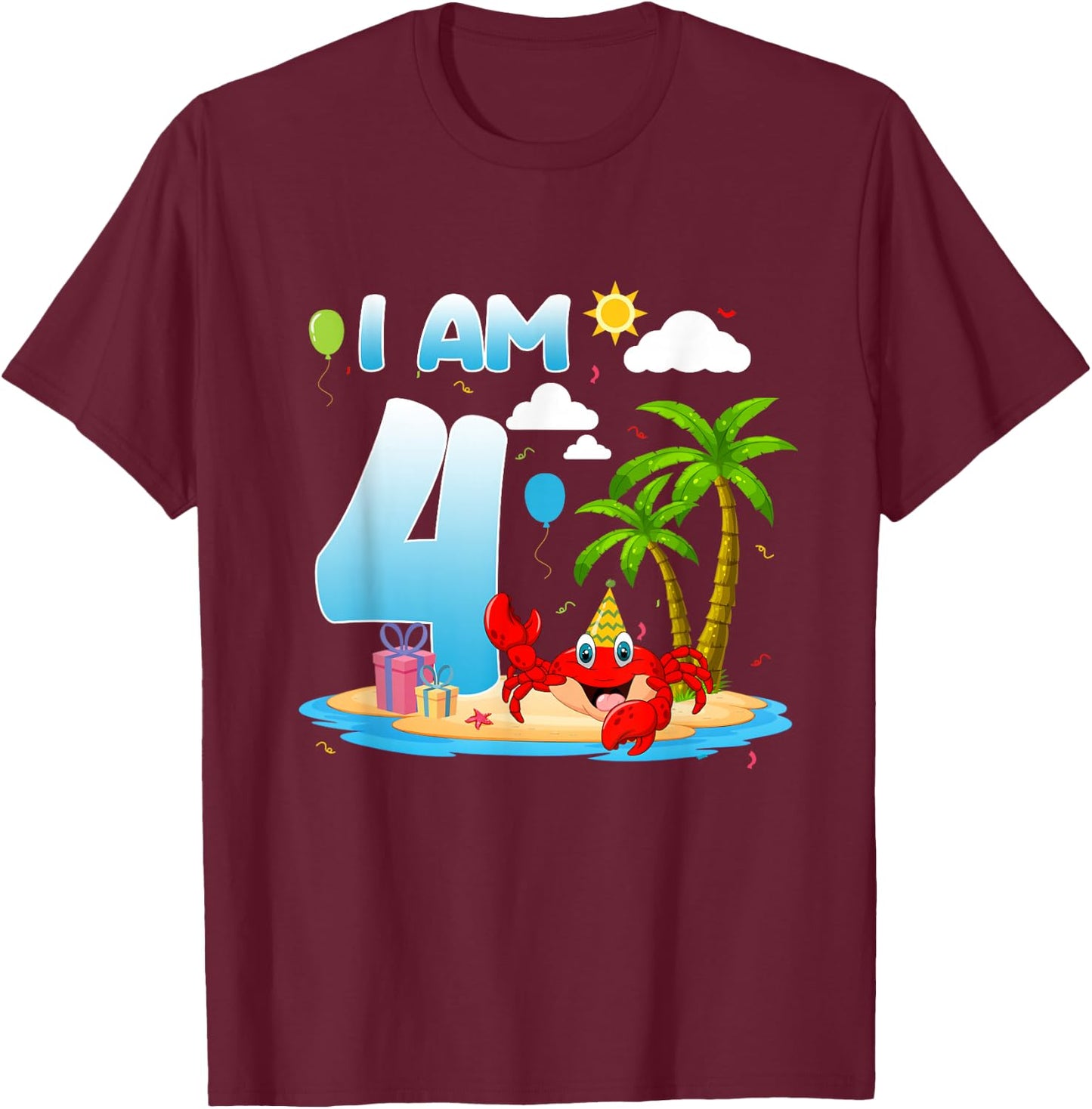 4th Birthday Crab Summer Beach 4 Year Old Bday Party Kids T-Shirt - T-Shirt | Maroon