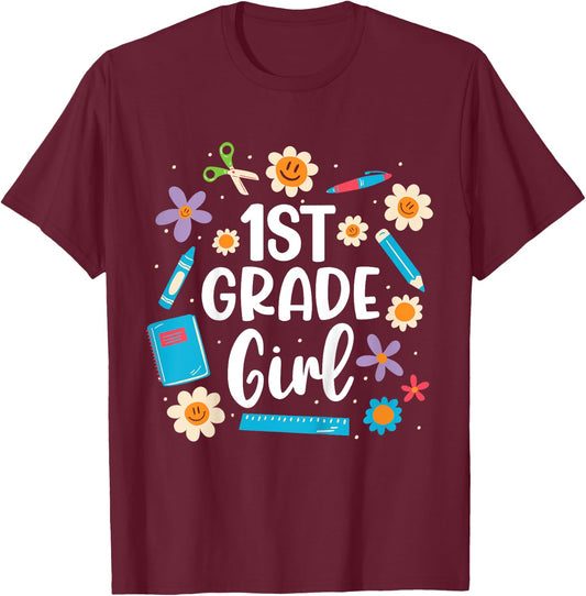 Girls 1st Grade Girl Back To School T-Shirt - T-Shirt | Maroon