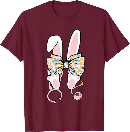 Easter Day Nurse Bunny Coquette Bow Stethoscope Scrub Top T-Shirt - T-Shirt | Maroon