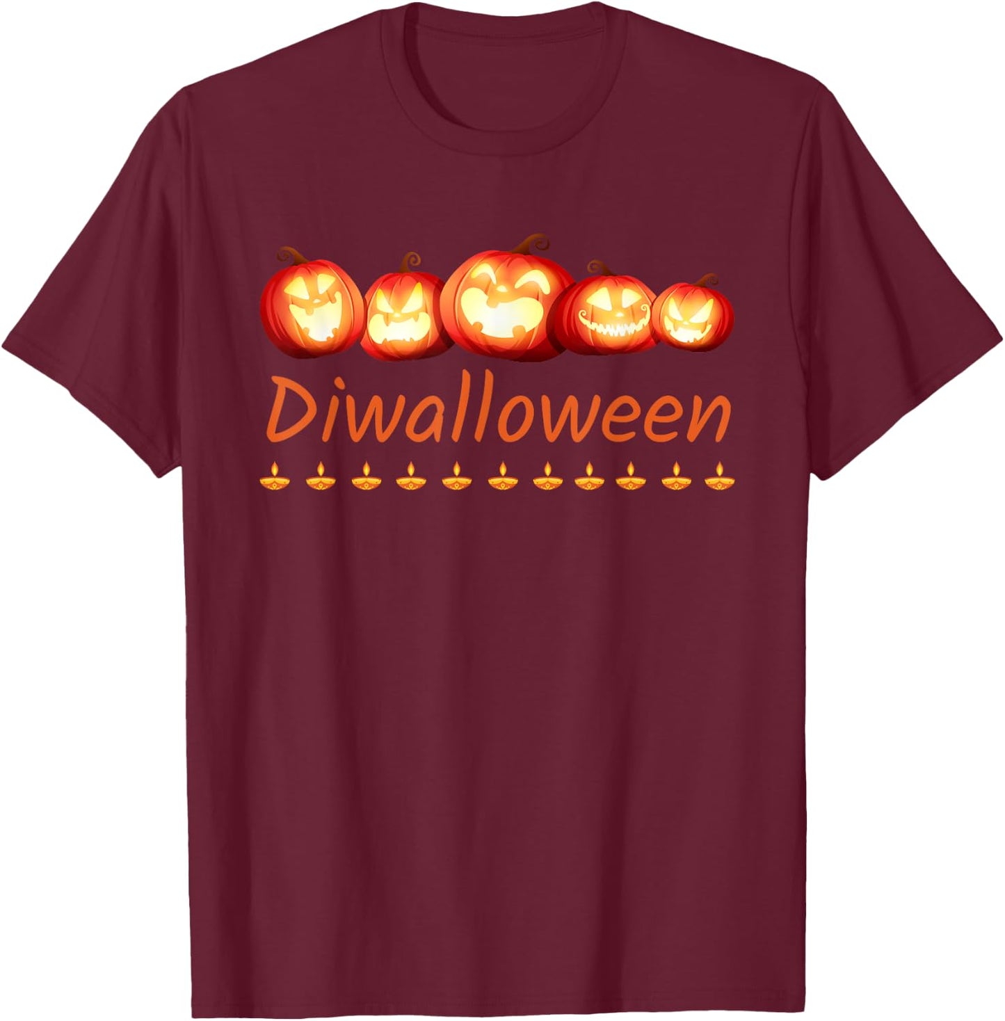 Diwalloween Diwali Halloween Ghost Pumpkin Lantern Deepavali T-Shirt - T-Shirt | Maroon