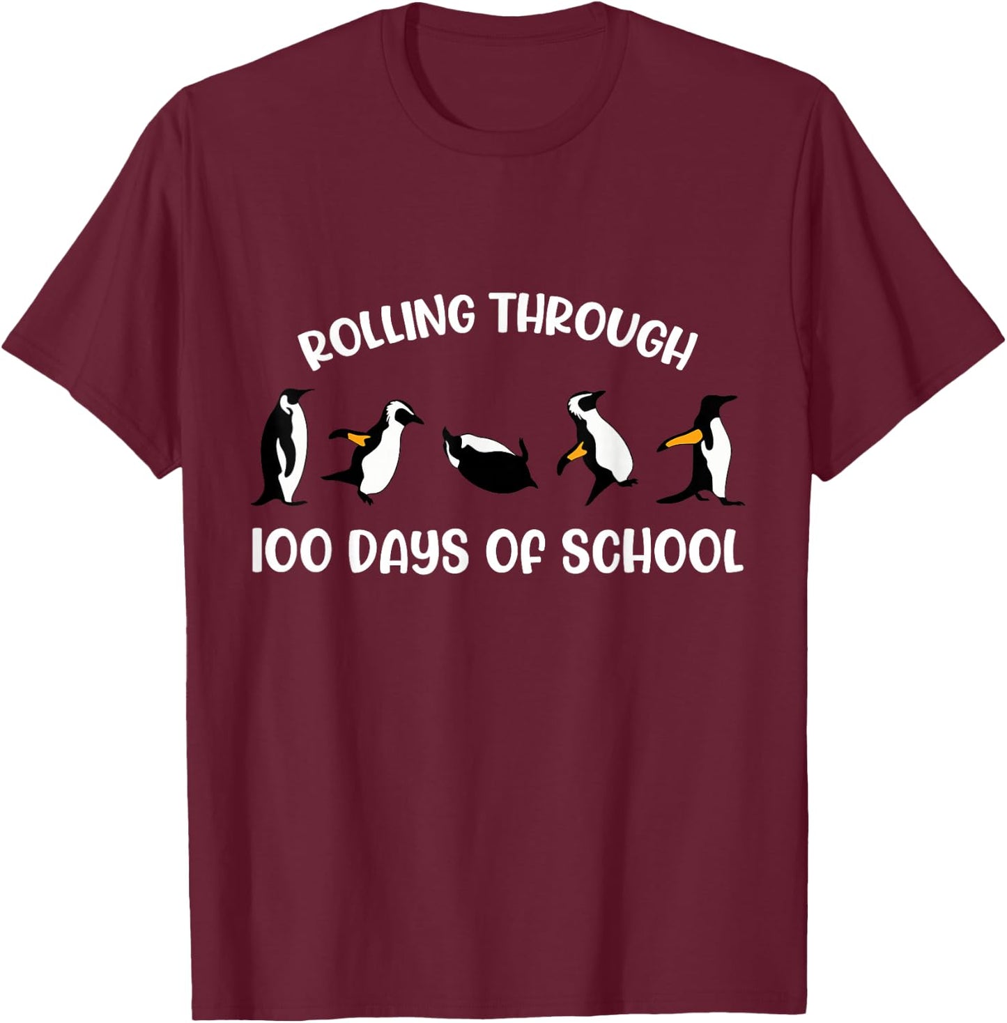 Cute Penguin Kids Rolling through 100 days of school Funny T-Shirt - T-Shirt | Maroon