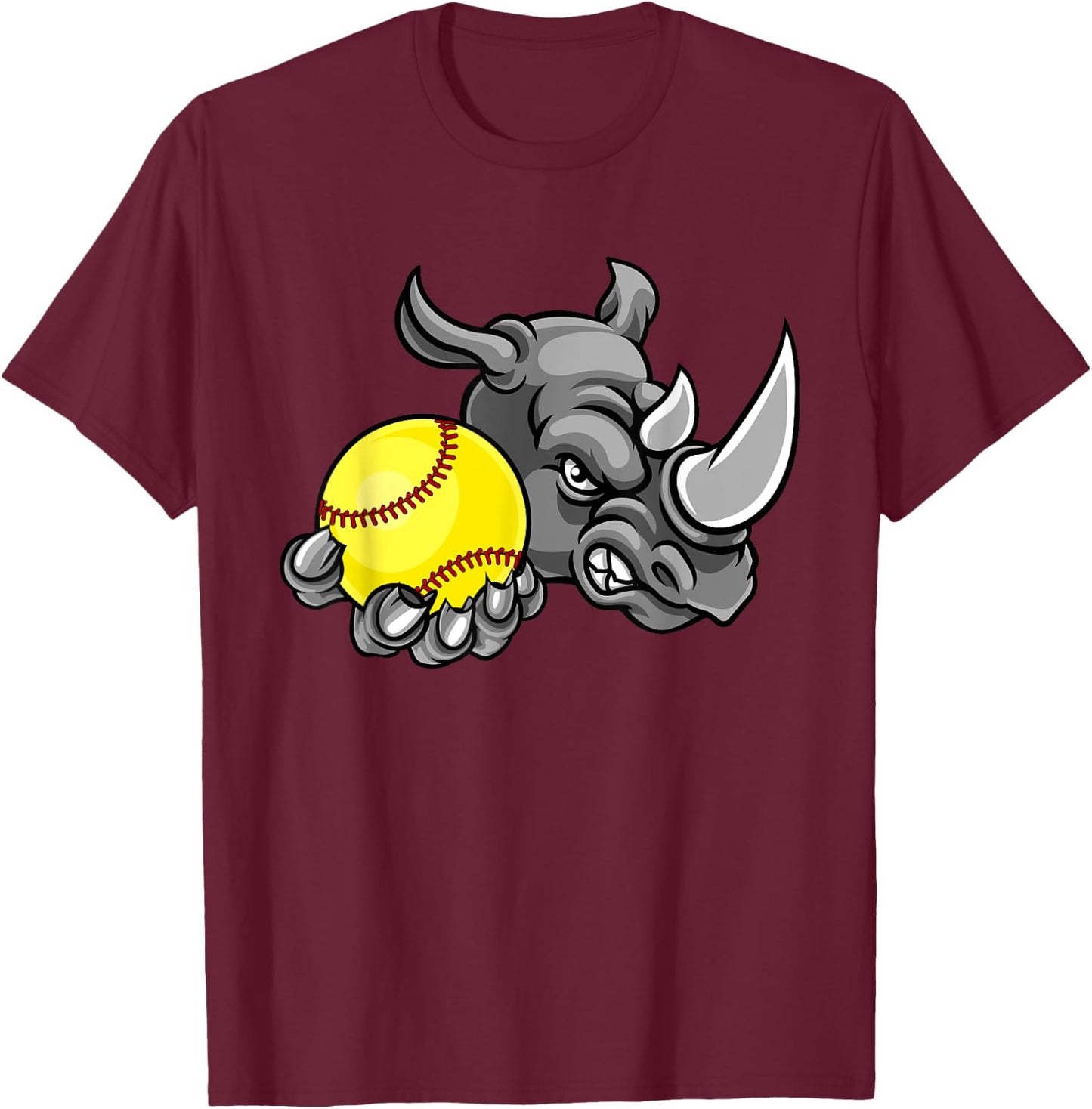 Rhino Softball Animal Cartoon Character T-Shirt - T-Shirt | Maroon
