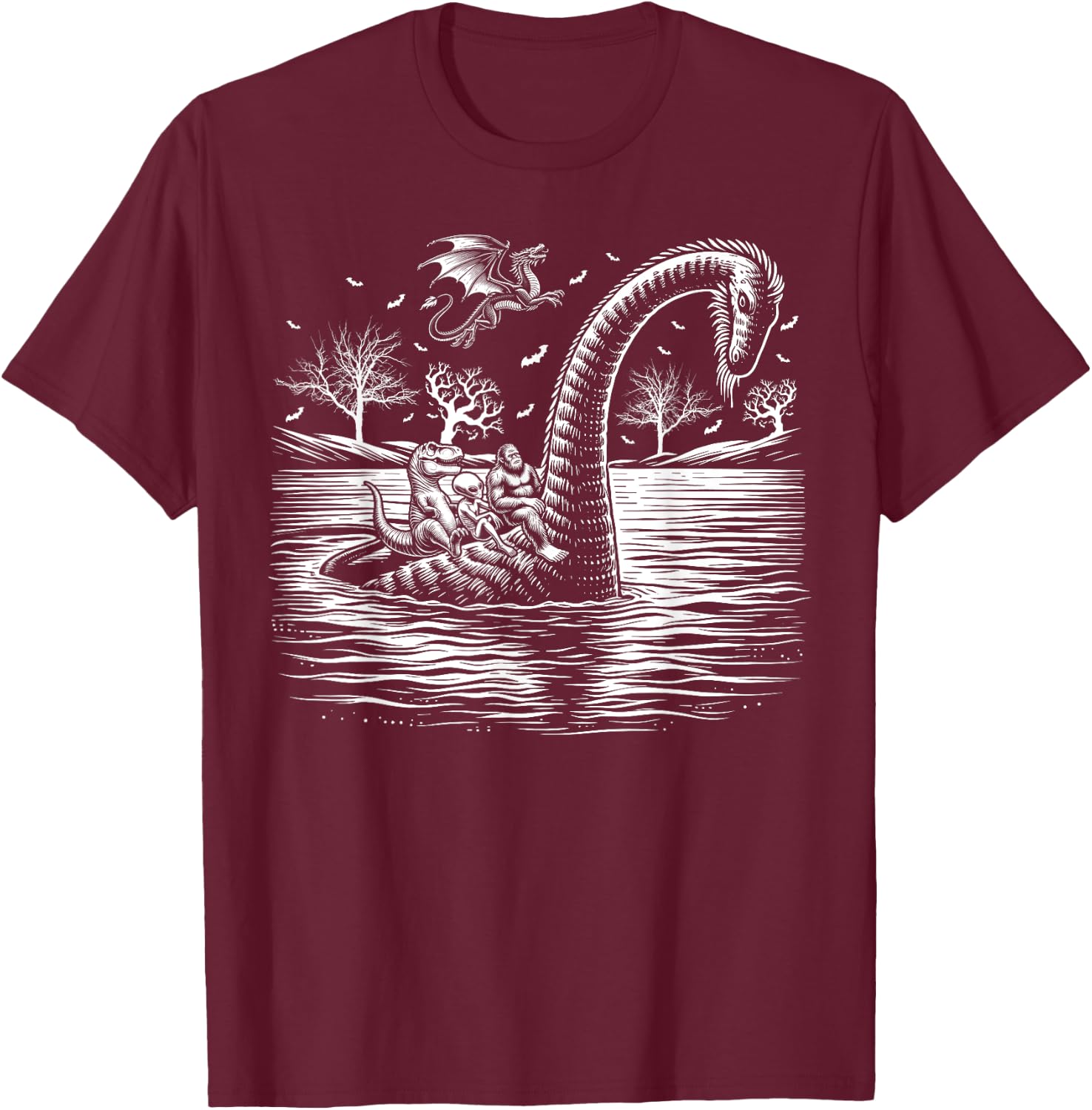 bigfoot Loch Ness monster alien Halloween men women kids T-Shirt - T-Shirt | Maroon