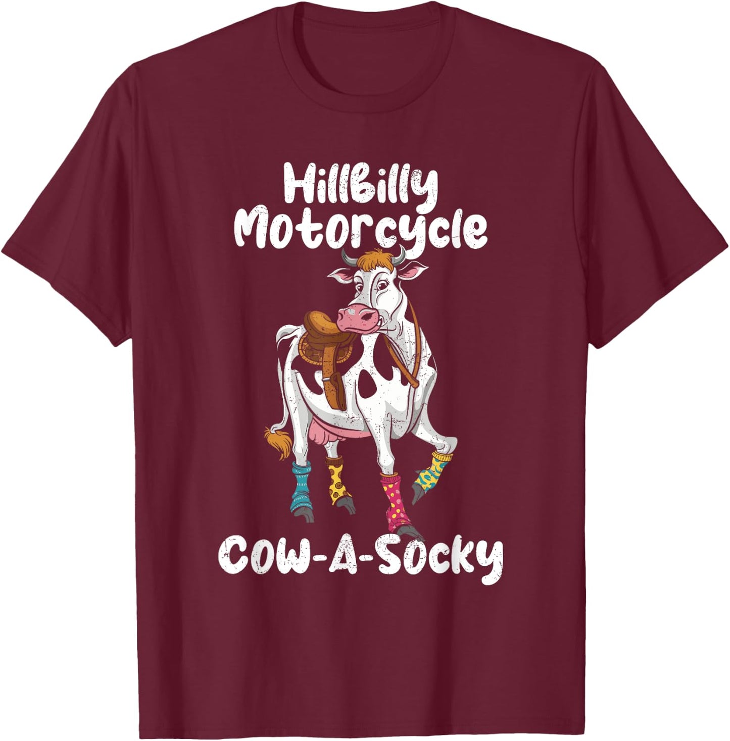Funny Cow Hillbilly Motorcycle Cow-A-Socky Grunge T-Shirt - T-Shirt | Maroon