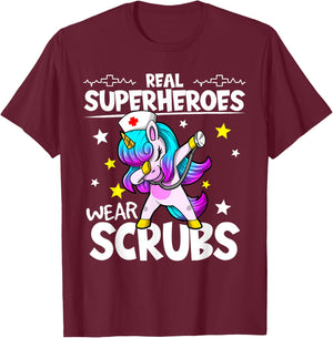 Nursing Dabbing Unicorn Real Superheroes Wear Scrubs Nurse T-Shirt - T-Shirt | Maroon