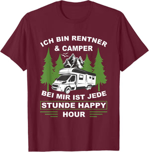 with German Text "Ich bin Rentner und Camper Camping" [German, black T-Shirt - T-Shirt | Maroon