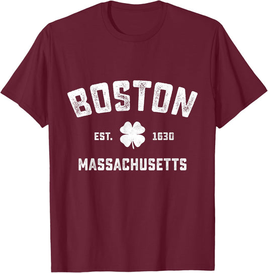 Boston Massachusetts Vintage Shamrock Sports T-Shirt - T-Shirt | Maroon