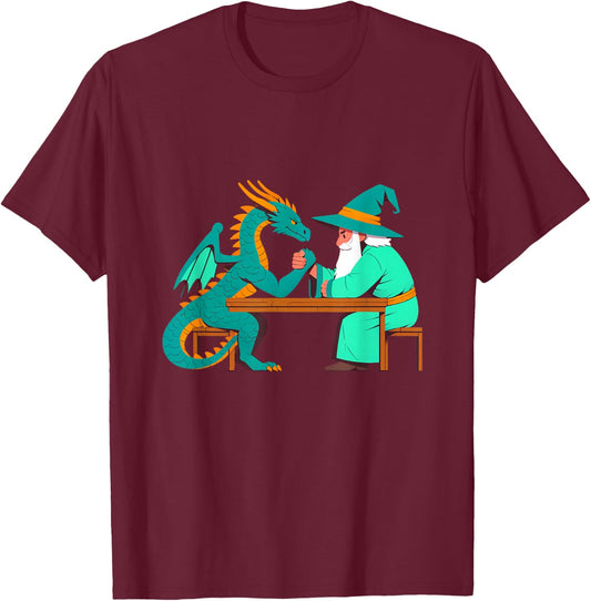 Vintage Funny Dragon And Wizard Fantasy Arm Wrestling Myth T-Shirt - T-Shirt | Maroon