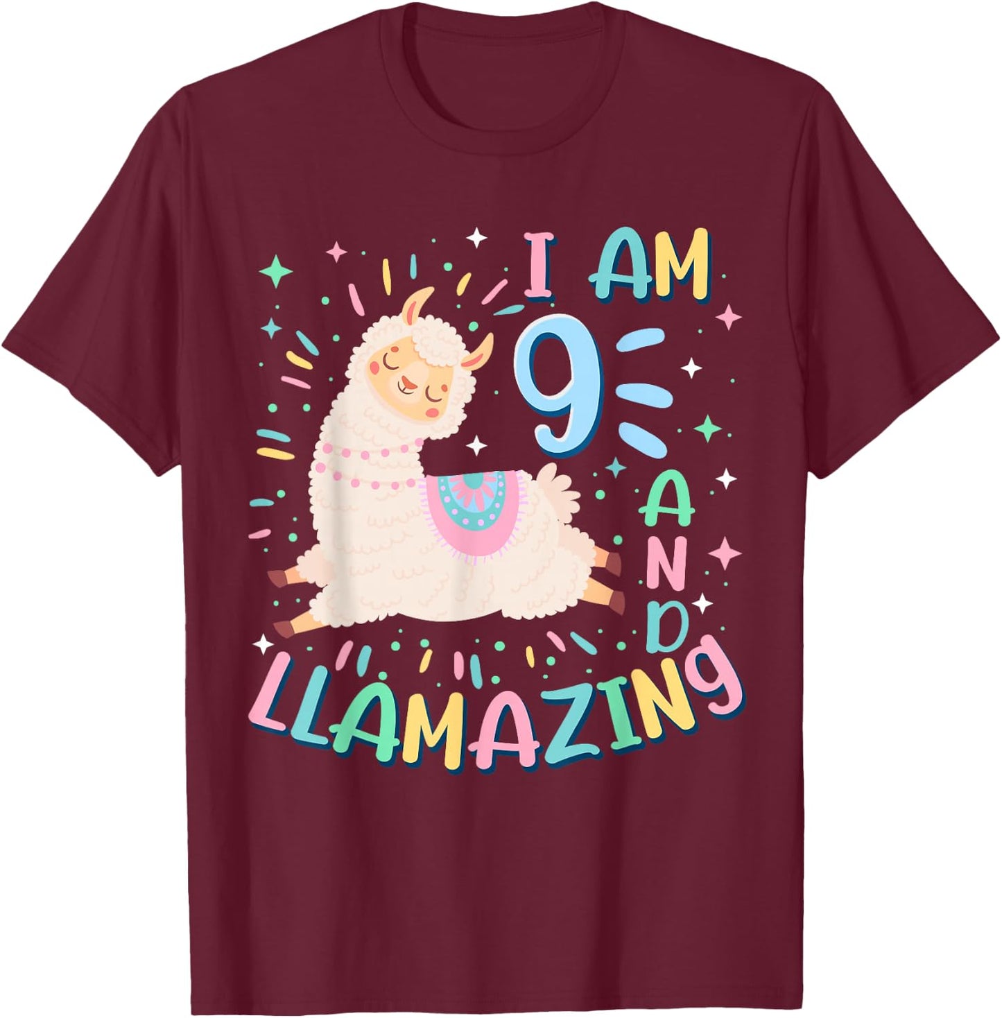 9th Birthday I Am 9 Years Old And Llamazing Llama Girl Teens T-Shirt - T-Shirt | Maroon