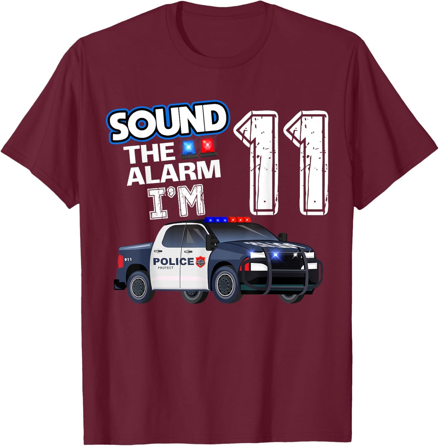 11th B-Day Police Car Policeman Officer Birthday 11 Year Old T-Shirt - T-Shirt | Maroon