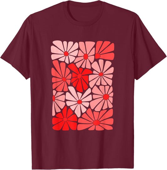 Red Color Flowers Block Red Graphic T-Shirt - T-Shirt | Maroon