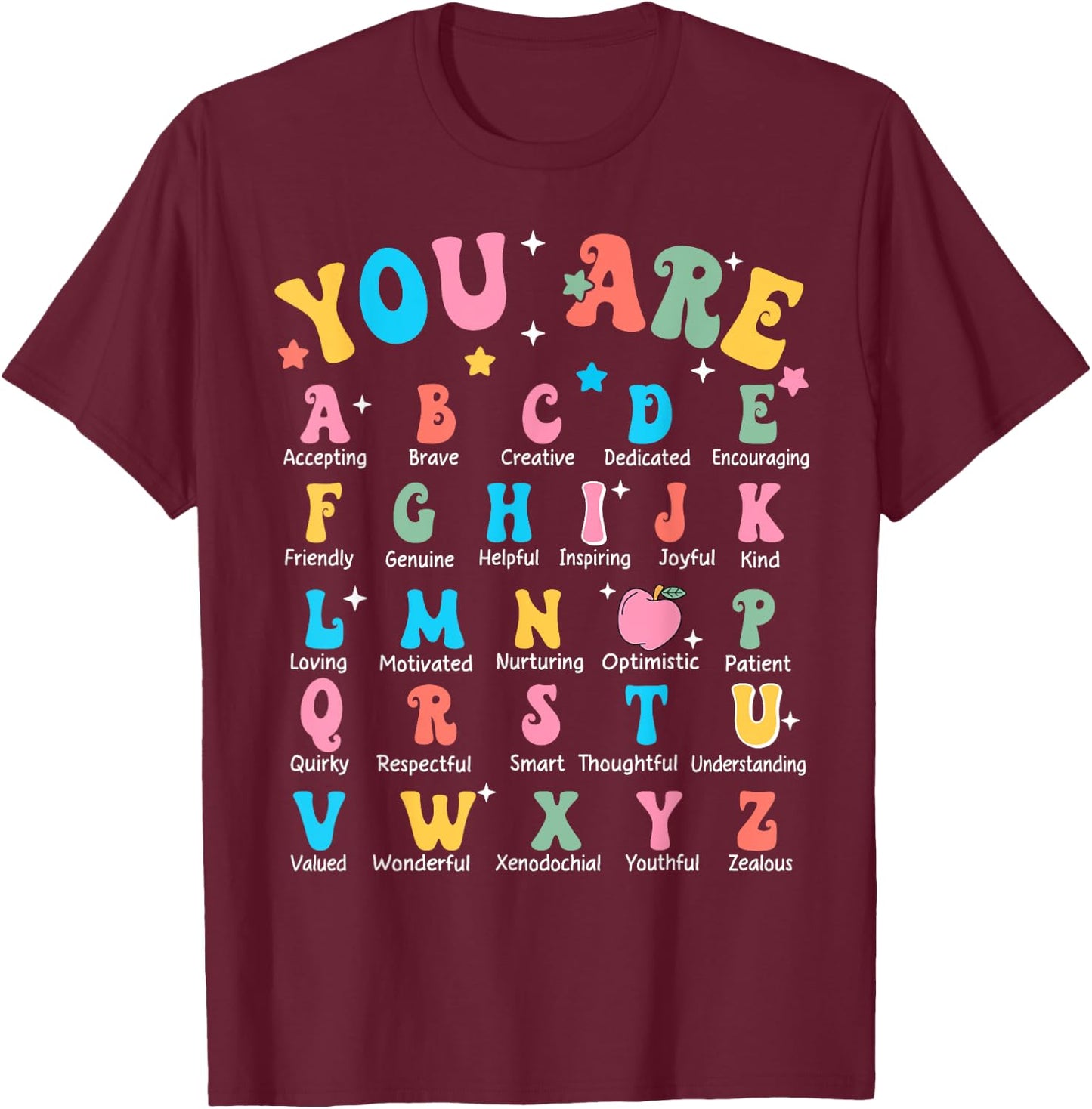 Alphabet Kindergarten Elementary School Teachers Students T-Shirt - T-Shirt | Maroon