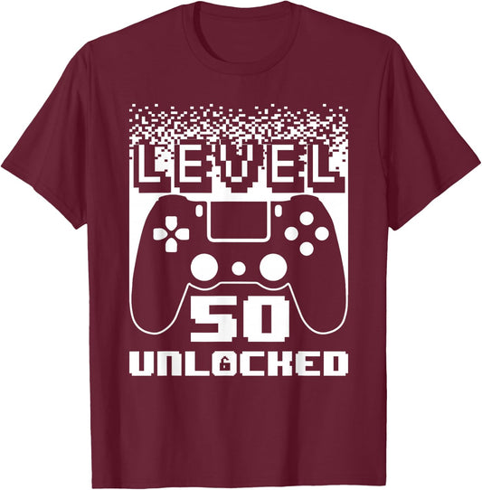 50th Birthday Level 50 Unlocked Gamer 50 Year Old T-Shirt - T-Shirt | Maroon