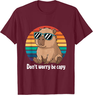 Capybara Dont Worry Be Cappy Boys Girls Funny Retro Capybara , black T-Shirt - T-Shirt | Maroon