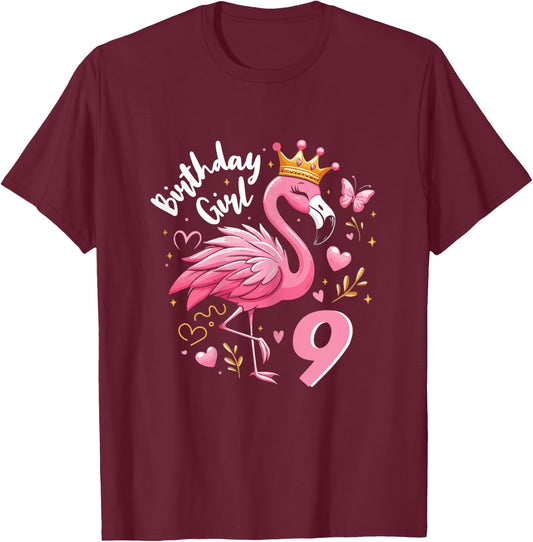 9th Birthday Cute Flamingo Girl 9 Years Old Cute , black T-Shirt - T-Shirt | Maroon