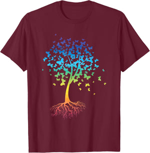 Colorful Butterfly Tree Root Environment Inspiration T-Shirt - T-Shirt | Maroon