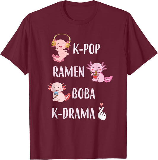 Cute Axolotl Kawaii K-Pop Ramen Boba Bubble K-Drama Lover T-Shirt - T-Shirt | Maroon