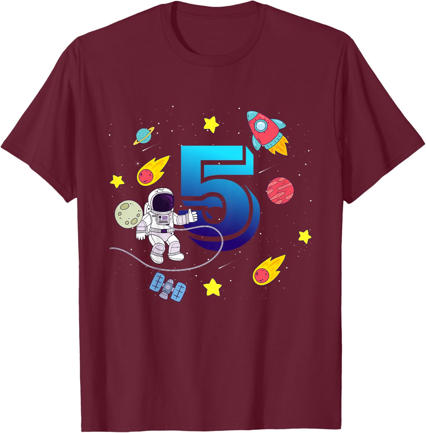 Kids 5 Years Old Birthday Boy Astronaut Outer Space Galaxy T-Shirt - T-Shirt | Maroon