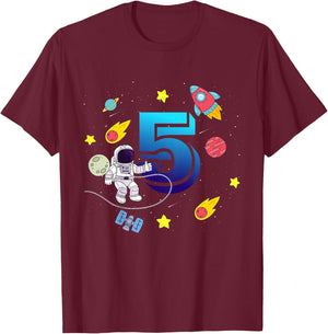 Kids 5 Years Old Birthday Boy Astronaut Outer Space Galaxy T-Shirt - T-Shirt | Maroon