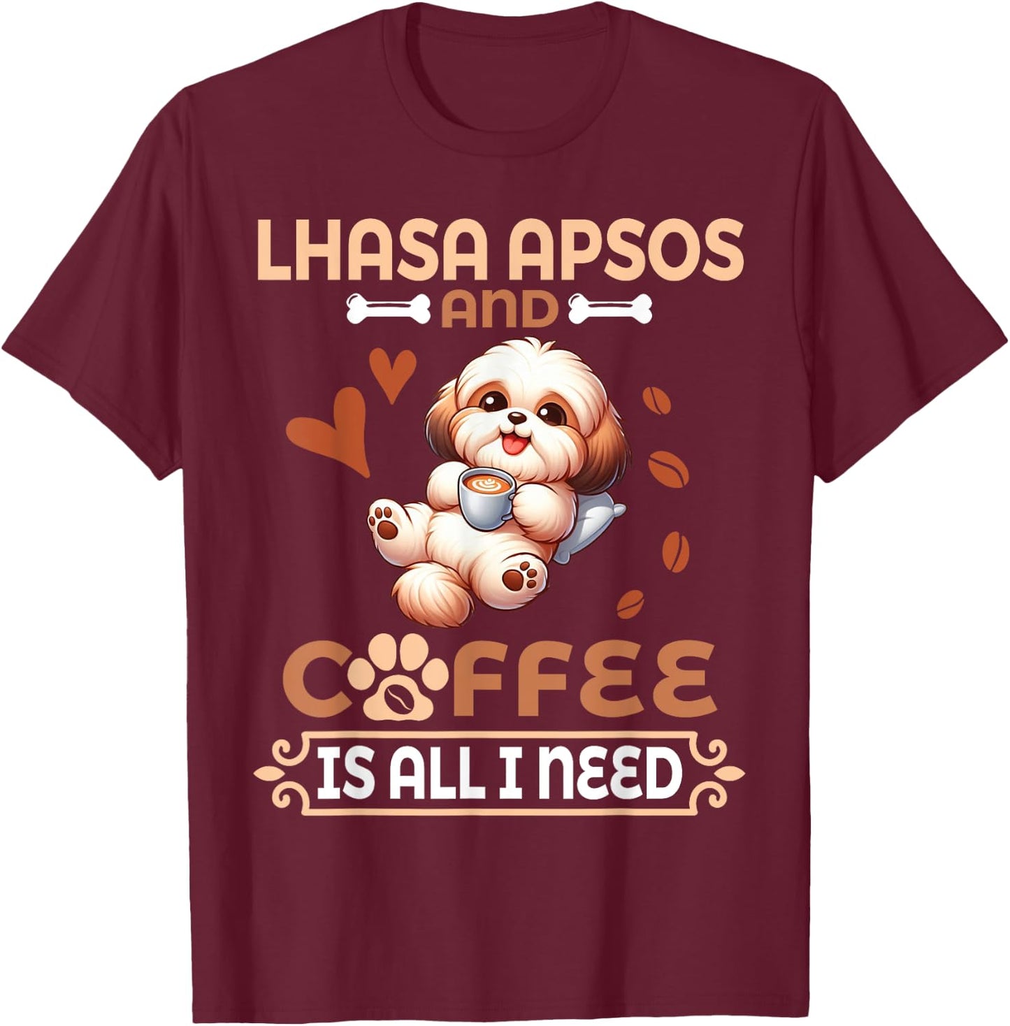 Mom Daddy Drinker Dog Drinking Coffee Lhasa Apso And Coffee T-Shirt - T-Shirt | Maroon