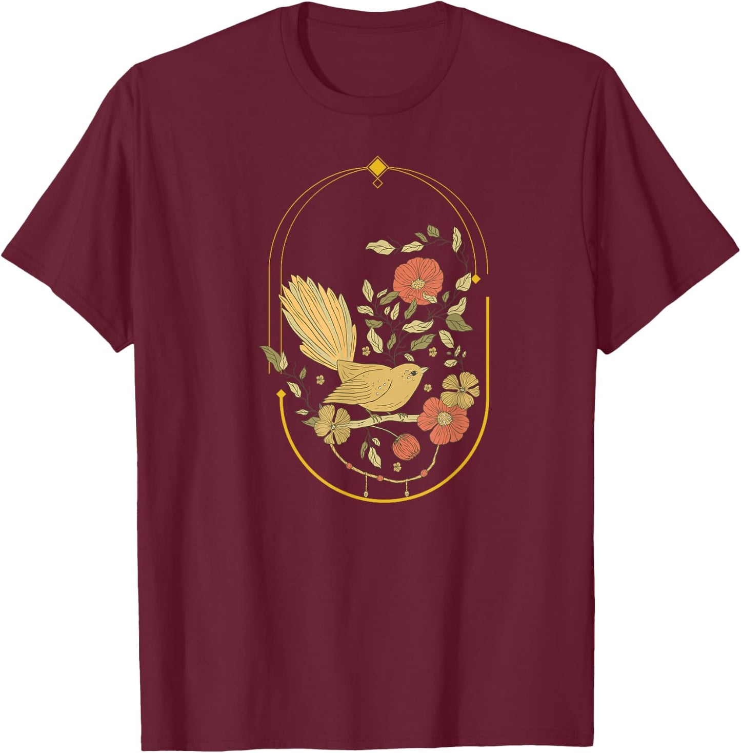Tennessee Merchant Boho Bird n Flowers , Blue, Women's, Small, Short Sleeve, Classic Fit T-Shirt - T-Shirt | Maroon