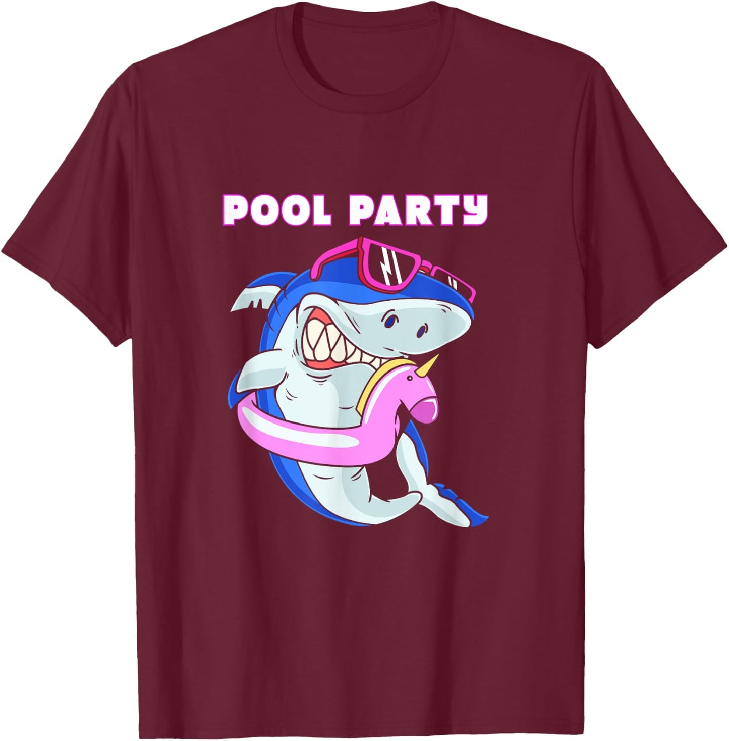 Cute Pool Party Squad Unicorn Shark With Sunglasses T-Shirt - T-Shirt | Maroon