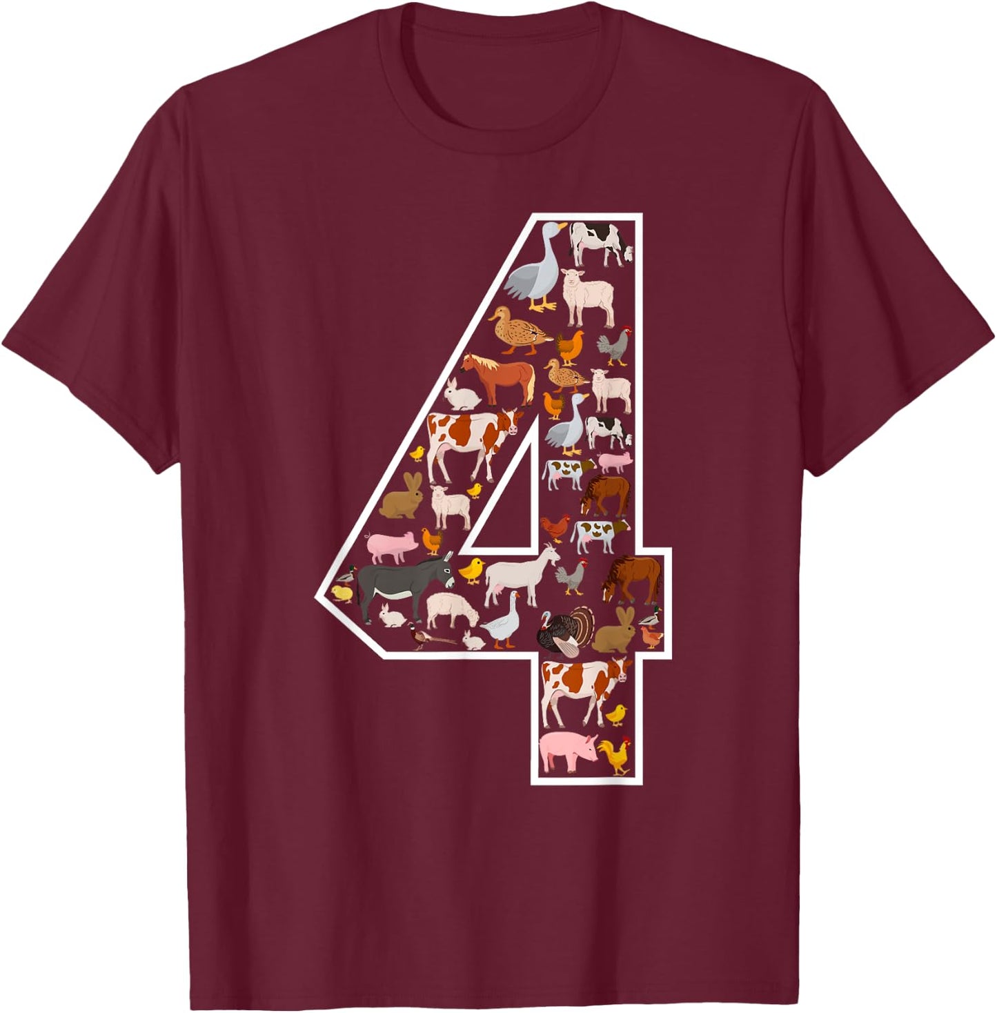 4th Birthday Farm Animals Themed Party 4 Year Old T-Shirt - T-Shirt | Maroon