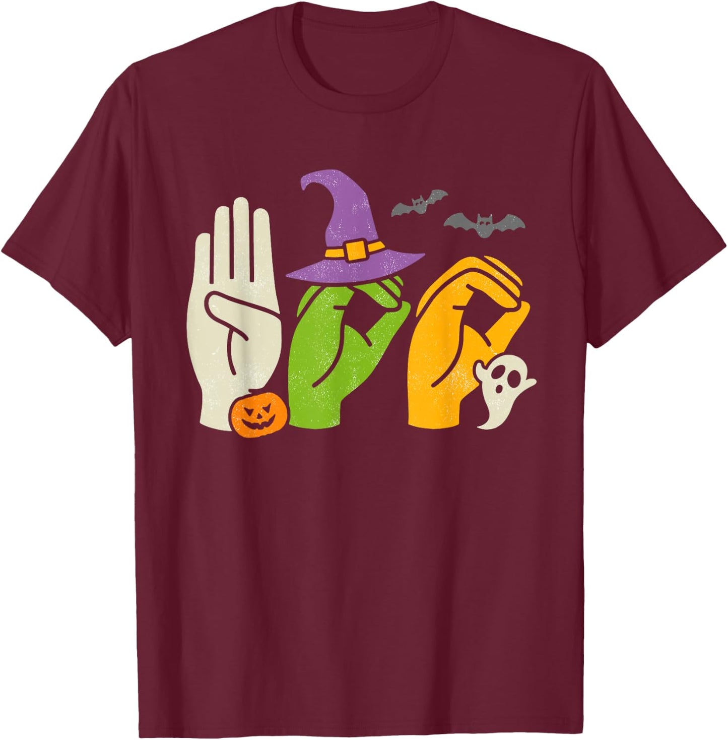Boo Hands American Sign Language Pride ASL Halloween Witch T-Shirt - T-Shirt | Maroon