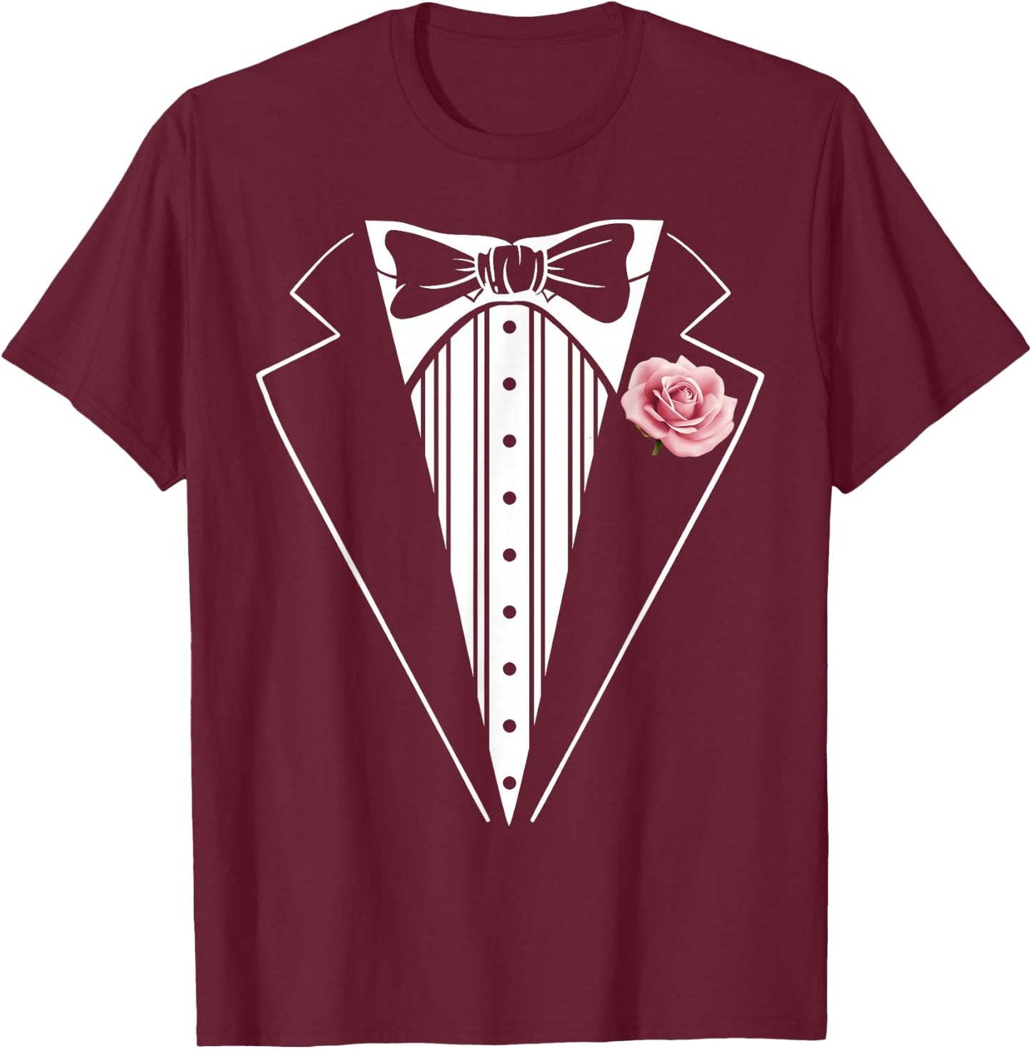 Tuxedo Funny Kids Adult Rose Boutonniere Pink Tuxedo Costume T-Shirt - T-Shirt | Maroon