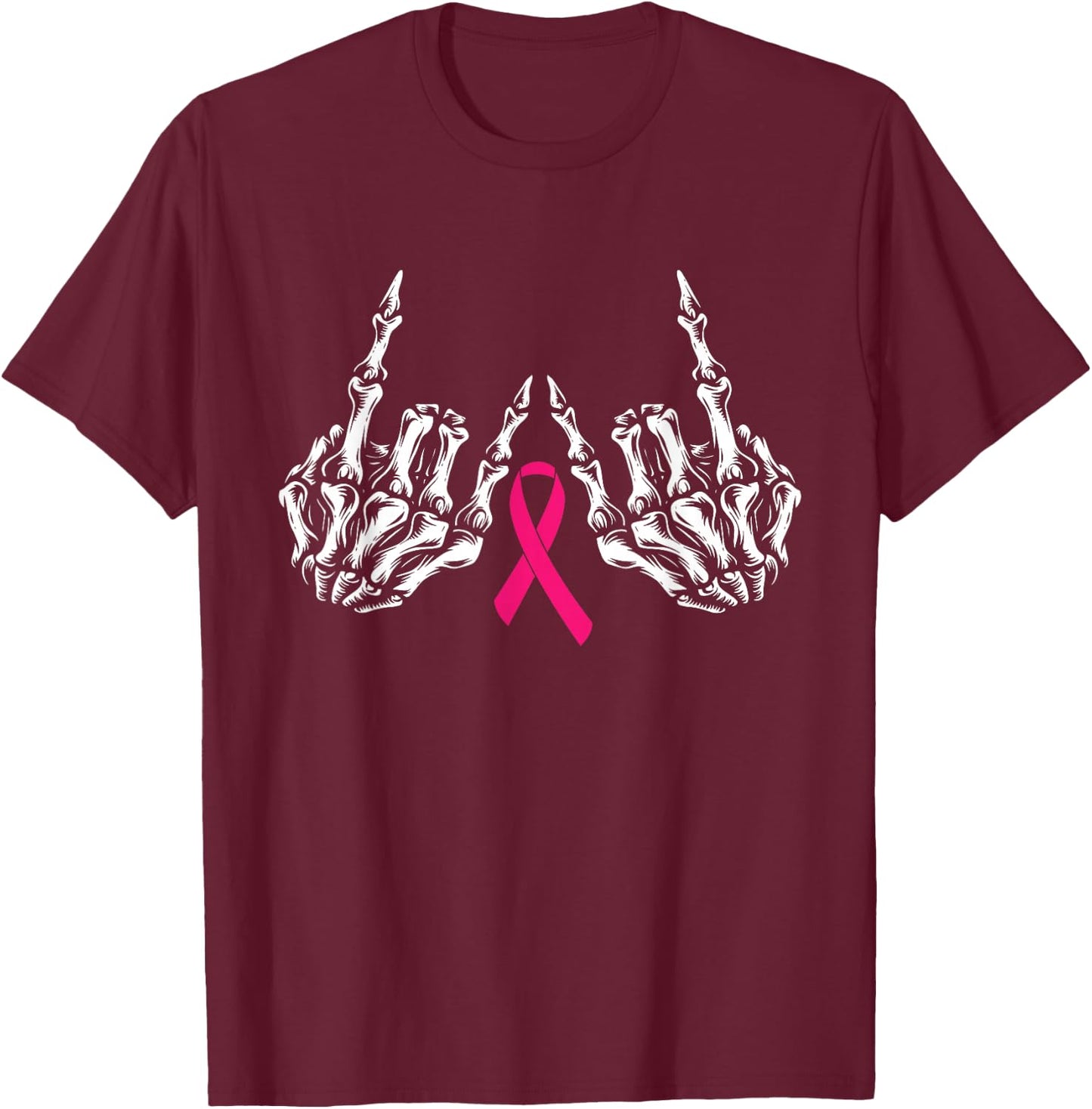 Skeleton Rock Hand Breast Cancer Awareness Cool Pink Ribbon T-Shirt - T-Shirt | Maroon