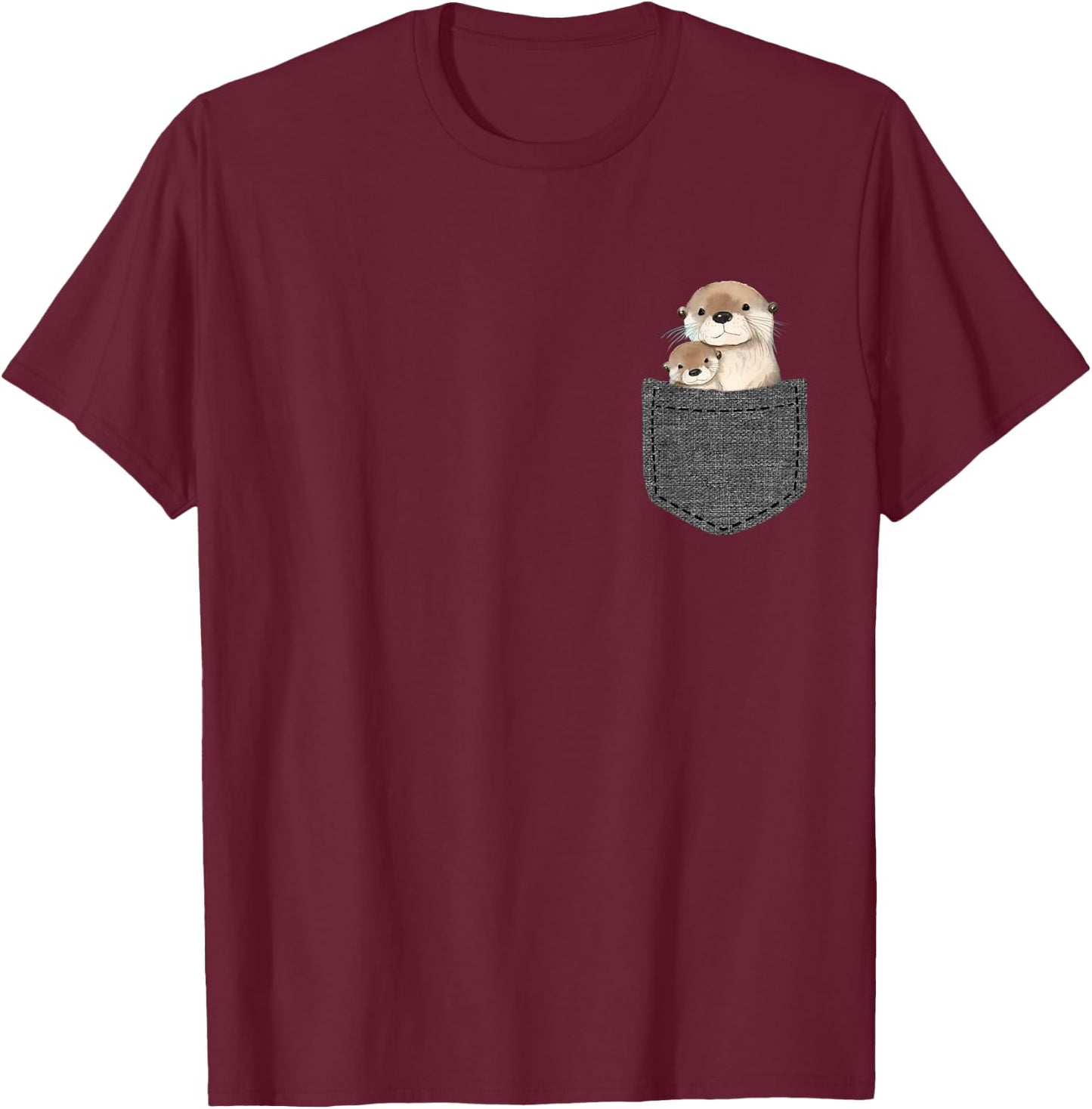 Otter Lover Pocket Gifts -Adults & Kids Black Small Cartoon Short Sleeve T-Shirt - T-Shirt | Maroon