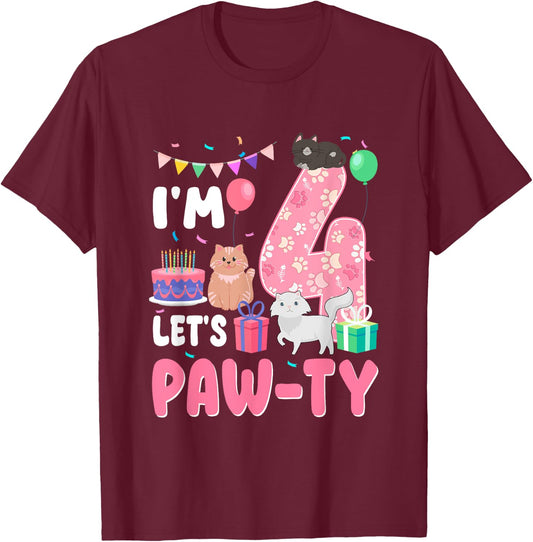 I'm 4 Let's Paw-Ty 4th Birthday Cats Lover 4 Year Old T-Shirt - T-Shirt | Maroon